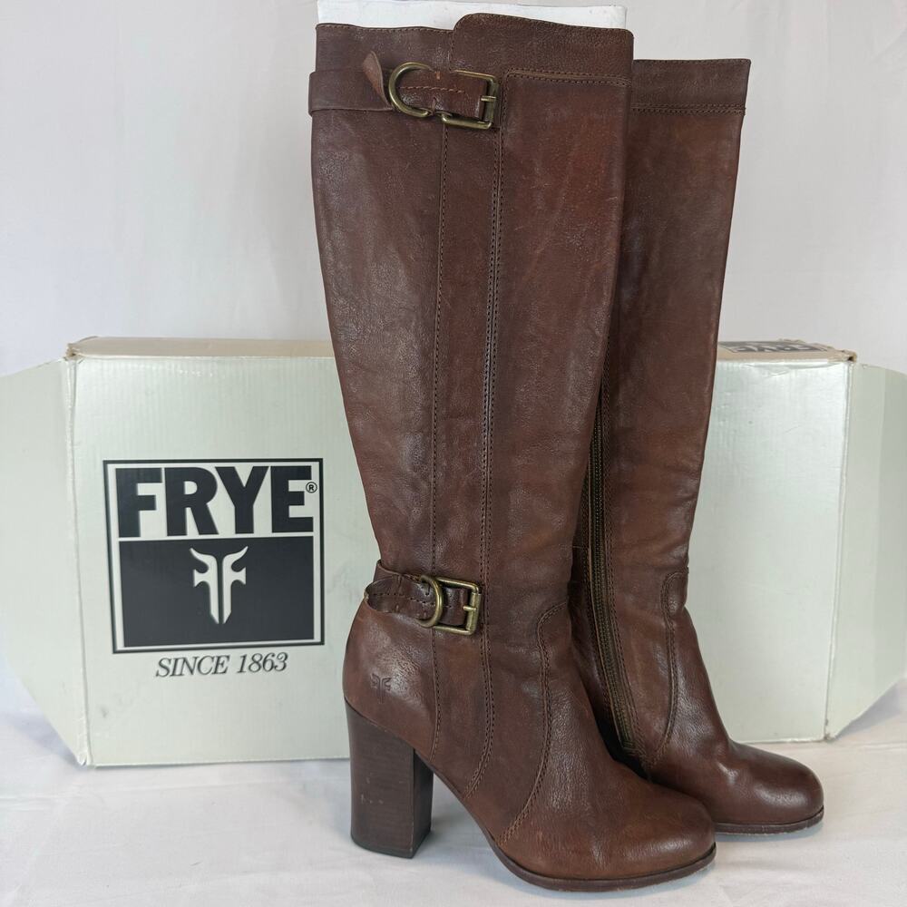 FRYE Brown Leather Parker D Ring Tall Copper Buckle 3 inch Heel Boots Size 6M